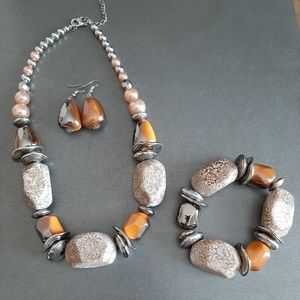 Brown orange tan silver bead necklace w/ earrings